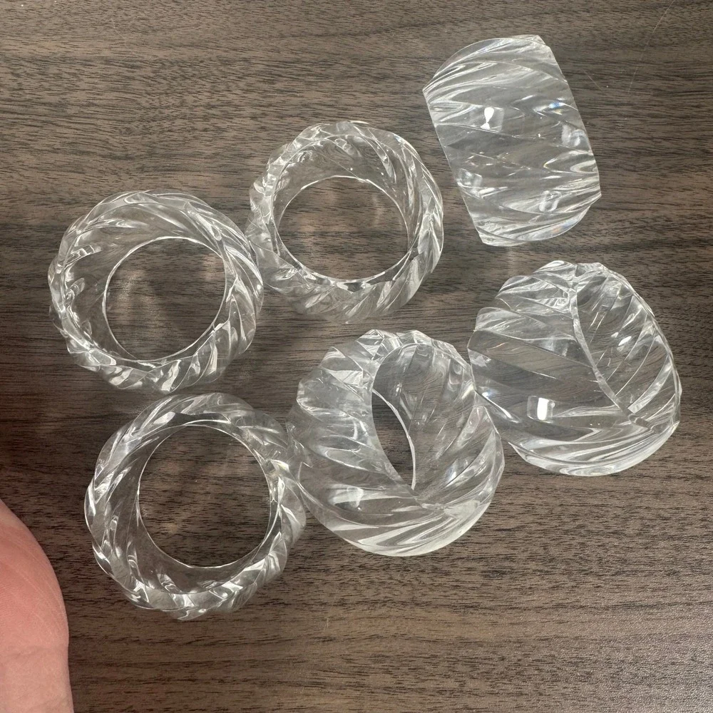 vintage Set of Six Clear Acrylic Twisted Napkin Rings Modern Elegant Table Decor